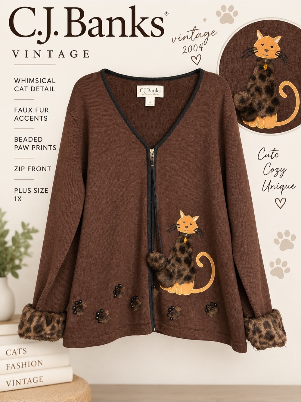 Vintage C.J. Banks 1X Brown Cat Cardigan Faux Fur Beaded Whimsical Sweater